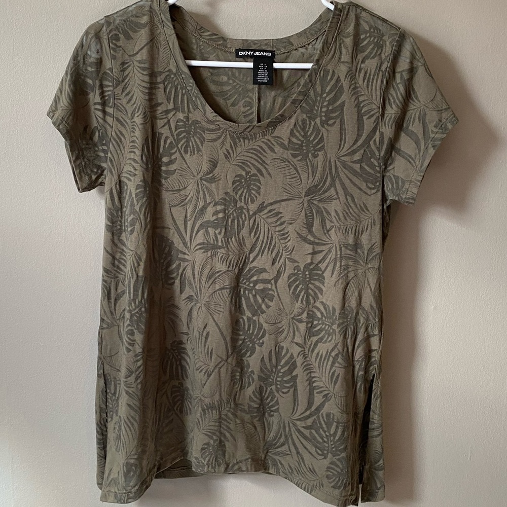 DKNY Sheer Green Palm Short Sleeve Shirt Sz S
